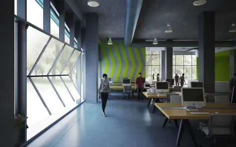 The first floor gets its name from the massive, glass entrance seen to the left. Architectural rendering